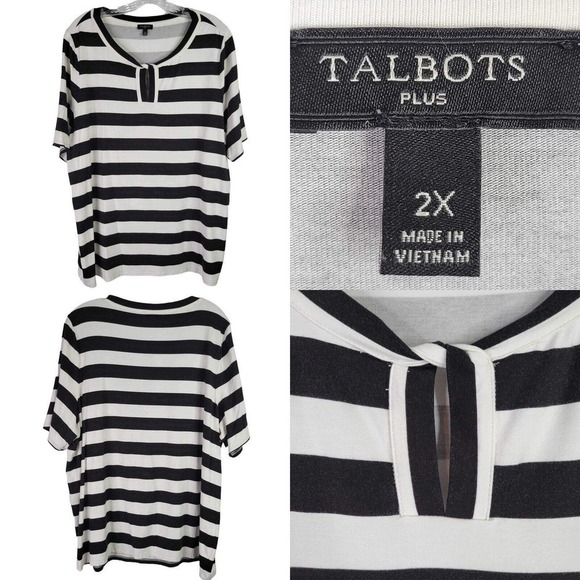 Talbots Shirt Top Woman Plus Size 2X Black Stripe Jersey Knit Tunic Rayon SS - Picture 1 of 9